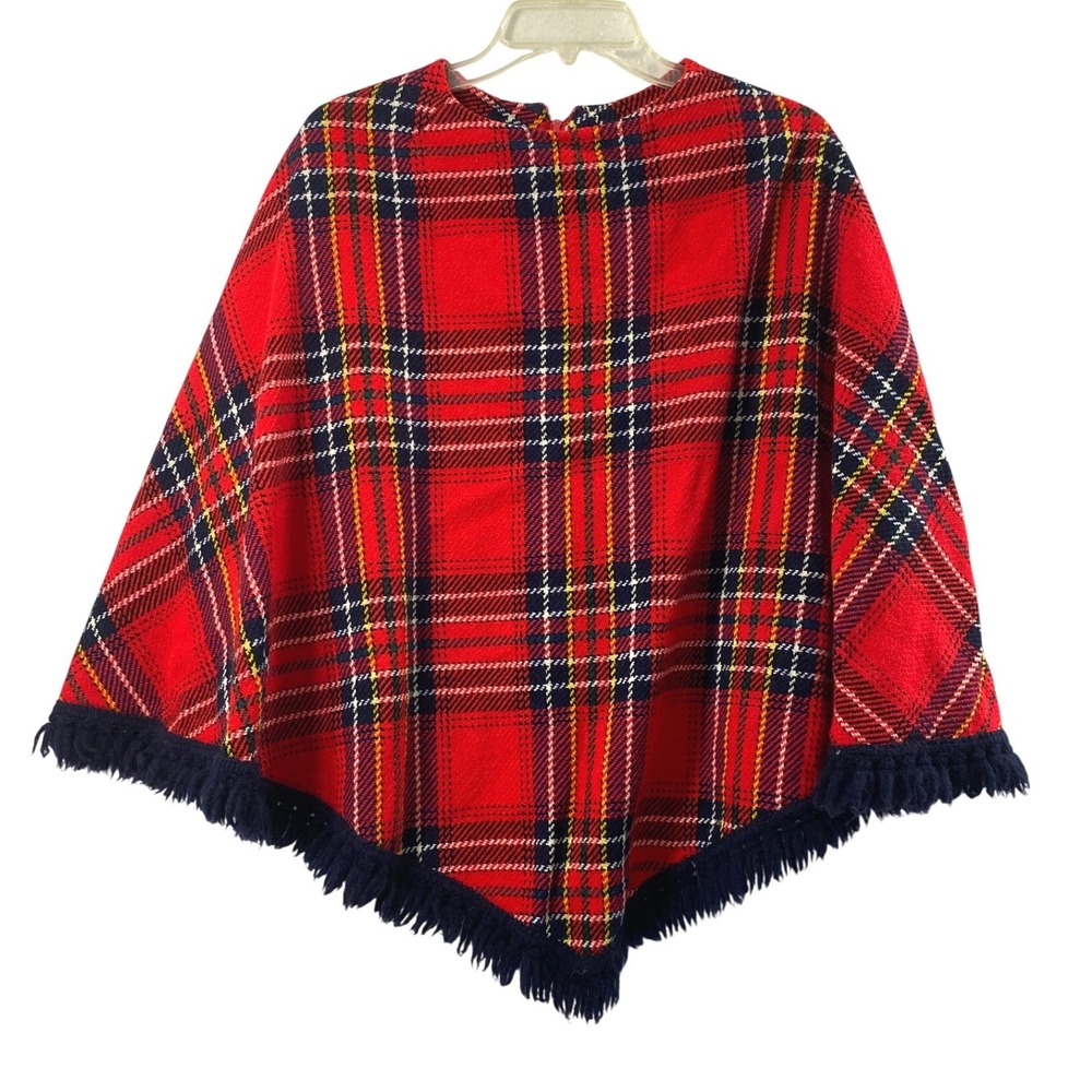 Pandora Poncho Women OS Vintage Red Plaid Fringe Trim Tartan Cape Wrap Zip Back
